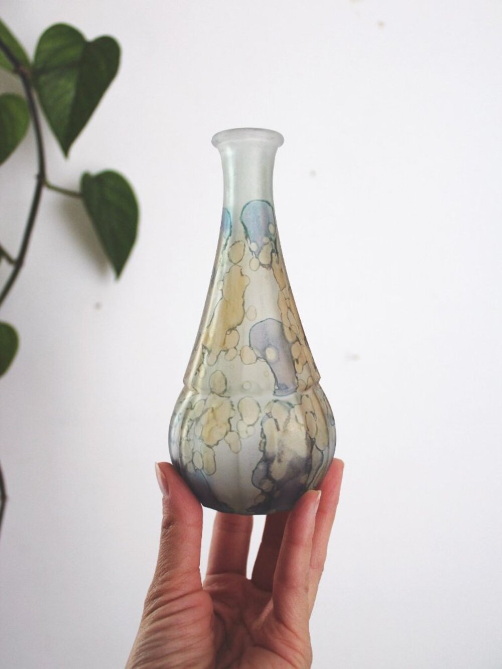 Hand-Painted Vintage French Glass Bud Vase Abstract Watercolor Bubble Pattern Pa
